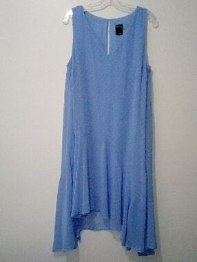 Gabby Skye Powder Blue Sheer Asymmetrical Swiss Dot Polkadot Sleeveless Dress
